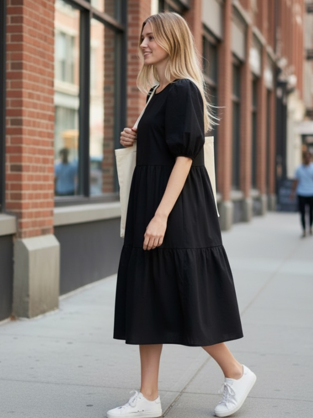 EVERLANE Black Puff-Sleeve Tiered Midi Dress Size 6 Crisp Airy Cotton Breezy - Picture 4 of 12